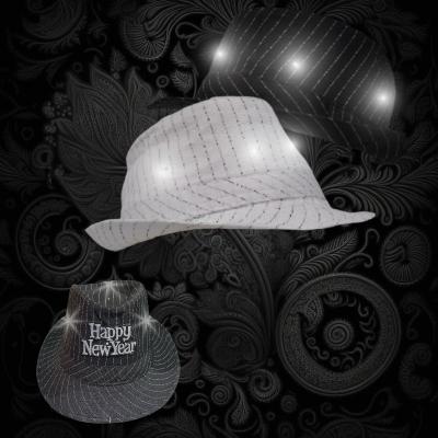 HAPPY NEW YEAR WHITE/BLACK PINSTRIPED FLASHING FEDORA HAT