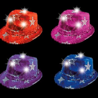ASSORTED COLOR LED FLASHING SEQUIN FEDORA HAT WITH STARS