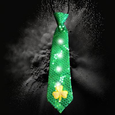 LIGHT UP SEQUIN LED GREEN NECKTIE WITH CLOVER EMBLEM 