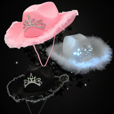 ASSORTED COLOR FLASHING COW GIRL HAT WITH FEATHER BRIM
