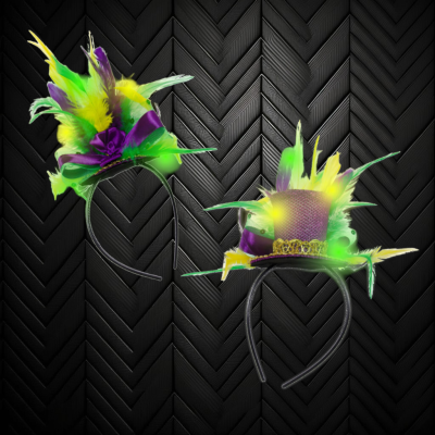 MARDI GRAS LED MINI HAT ON HEADBAND WITH FEATHERS