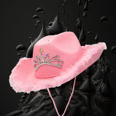 PINK LED COWGIRL HAT WITH TIARA AND FEATHER BRIM