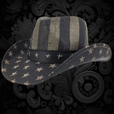 BLACK AND GREY USA FLAG PRINT STRAW COWBOY HAT