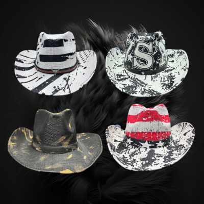 ASSORTED STYLE BLACK & WHTE USA PRINT STRAW COWBOY HAT