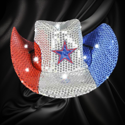 RED/WHITE/BLUE FLASHING SEQUIN COWBOY HAT