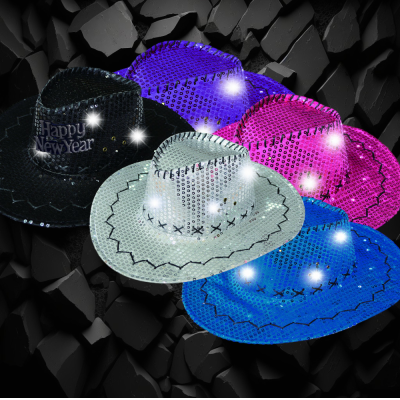 ASSORTED COLOR SEQUIN COWBOY HAT WITH HAPPY NEW YEAR PATCH