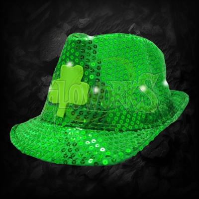 GREEN SEQUIN FEDORA WITH SHAMROCK CLOVER AND LED LIGHTS 