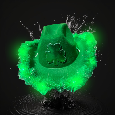 LED FLASHING GREEN COWBOY HAT WITH CLOVER