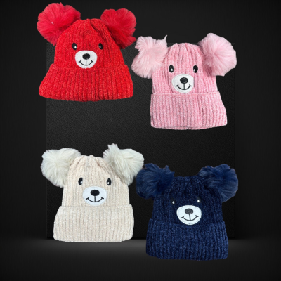 ASSORTED COLOR KIDS BEAR BEANIE WITH DOUBLE POM POM